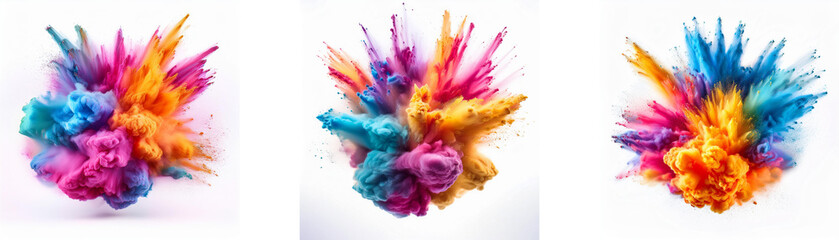 Three colorful powder explosions burst against a white background.