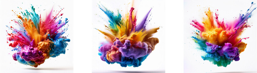 Fototapeta premium Three vibrant, abstract color bursts on a white background.