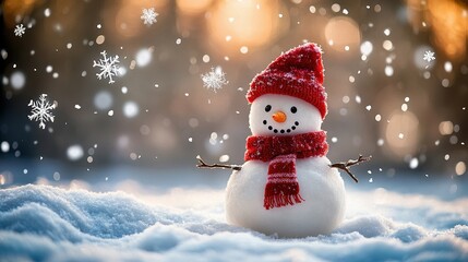 Fototapeta premium An adorable snowman with a red hat and scarf stands in a snowy winter wonderland watching falling snowflakes - festive Christmas scene