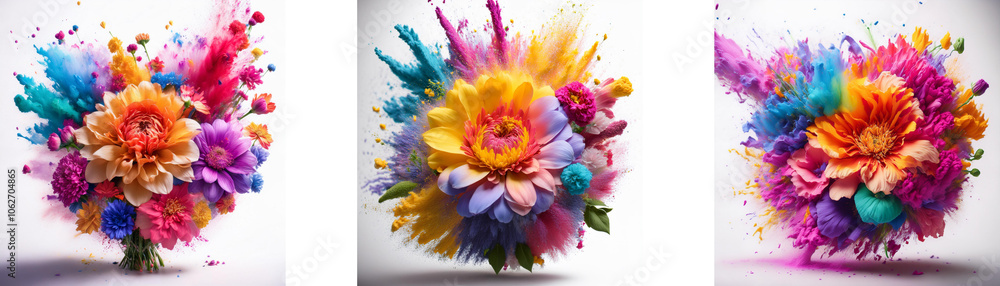 Poster Three colorful flower arrangements with a paint-like explosion effect around them.