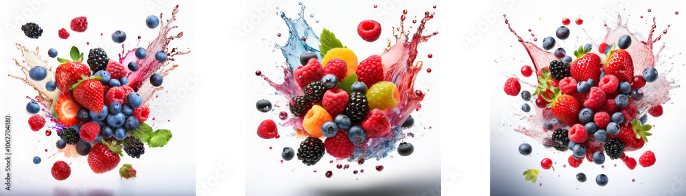 Poster a colorful assortment of berries and fruit are suspended in mid-air as they splash into a pool of vi
