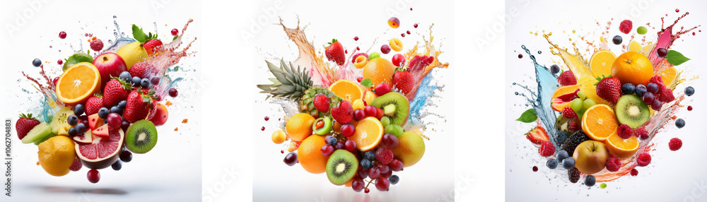 Poster three vibrant fruit compositions with splashes of color.