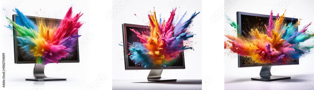 Poster three computer monitors on a white background with colorful powder explosions bursting out of the sc