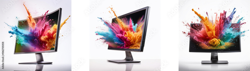 Poster three computer monitors with colorful paint splashes coming out of them.