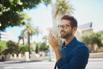Happy man, city or talking with speaker phone for communication, audio message or voice note....