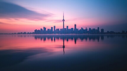 Fototapeta premium A stunning cityscape skyline reflected in a calm lake at sunrise, with vibrant pink and blue hues in the sky.
