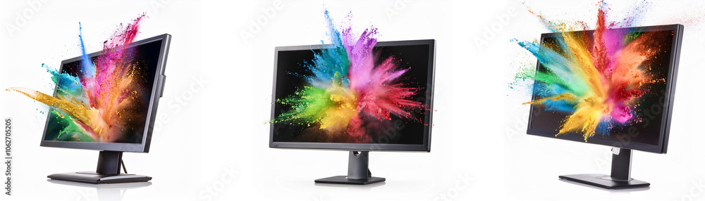 Leinwandbilder three computer monitors with colorful splashes coming out of the screen.