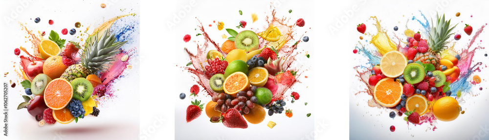 Poster three colorful fruit arrangements with splatters of paint.