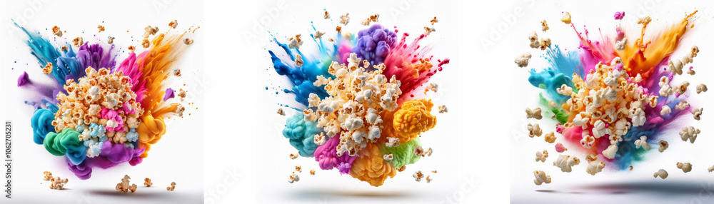 Aufkleber three colorful paint splatters, each with a unique combination of colors and a central cluster of wh