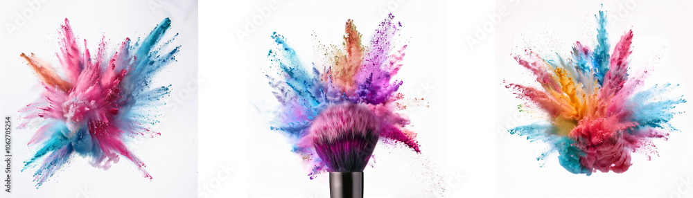 Poster three colorful powder explosions in front of white background. one explosion is held by a brush.