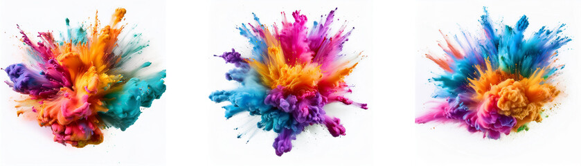 Three colorful powder explosions on a white background.