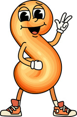 Funny groovy cookie dessert character showing funky vibe. Isolated cartoon vector cookie pastry with friendly face making a peace sign, wearing stylish sneakers conveying playful and lighthearted mood