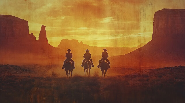 A classic Western movie poster featuring silhouettes of a cowboy, sheriff, and outlaw riding a horse through mountains at sunset or sunrise. The poster is designed in a vertical style.