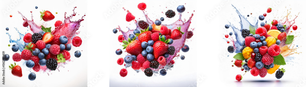 Poster three groups of colorful fruit and berries are splashed in mid-air, with splashes of liquid around t