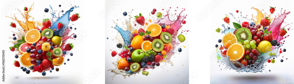 Poster a collage of three images of fresh fruit with colorful splashes of liquid.