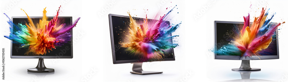 Fototapete three computer monitors with colorful paint splatters emanating from the screens.