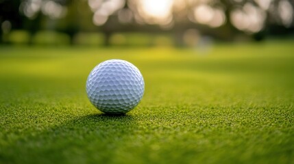 Obraz premium A single white golf ball rests on a lush green golf course, with a blurred background of trees and sunlight.