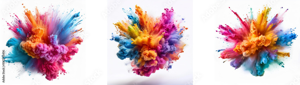 Poster three colorful powder explosions on white background, captured in motion, creating a burst of vibran