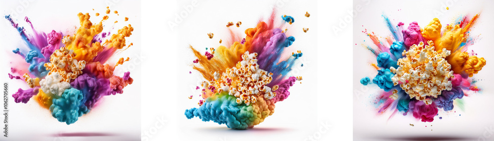 Poster three color bursts with the same shape in the center of each image, creating a radial pattern of col