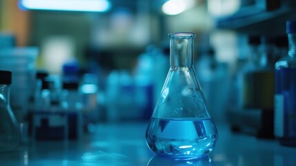 A close-up shot of a single Erlenmeyer flask filled with blue liquid in a laboratory setting.