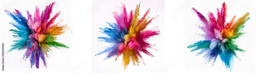 Poster three colorful explosions of powder are depicted in this image.