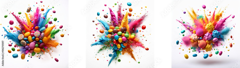 Poster Three colorful explosions of paint, each with a different color scheme.