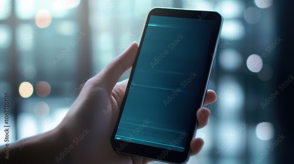 Poster a hand holds a smartphone displaying a high-tech interface, showcasing data and analytics against a 