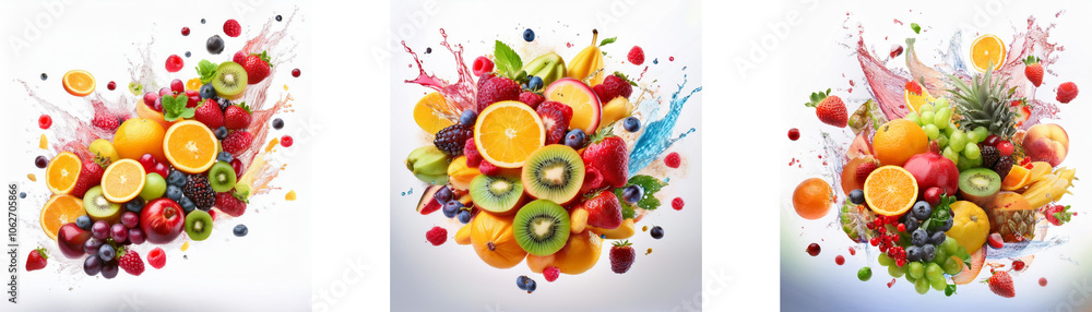 Aufkleber three images of fruit and berries with splashes of colorful liquid around them.