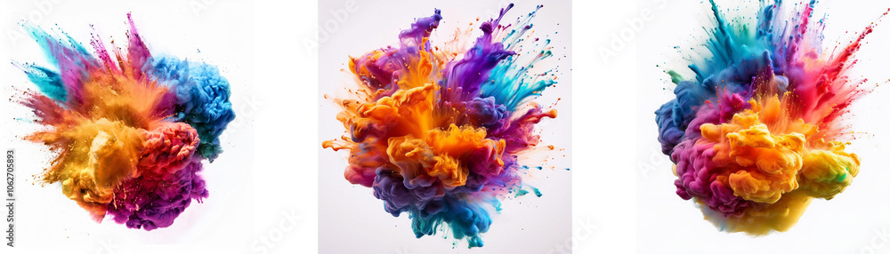 Poster Three colorful clouds of pigment explode on white background