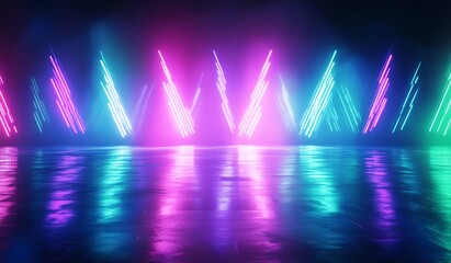 Abstract background with neon lights of green blue pink violet colors glowing in arrowhead lines pattern on shiny reflecting stage