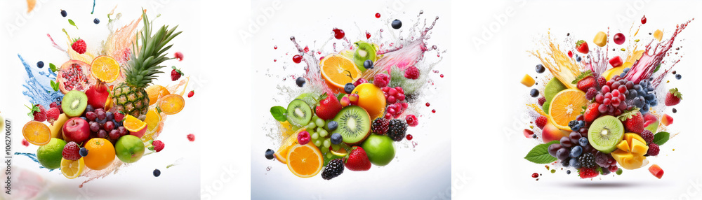Poster three colorful fruit arrangements with juice splatters in the background.