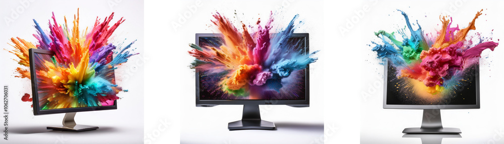 Poster three computer monitors with vibrant colors bursting from the screen.