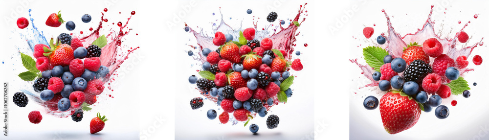 Poster a splash of vibrant color from fresh berries and juice on a white background.