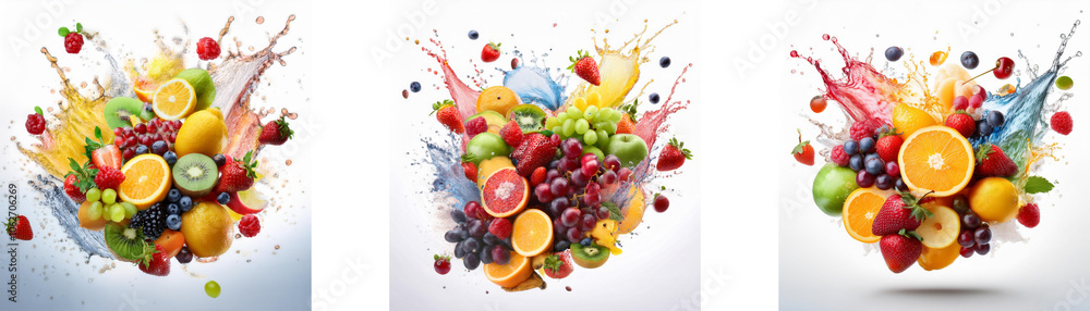 Poster three colorful still life images of fruit with splashing liquid.