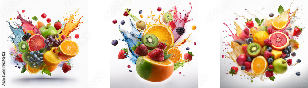 Poster three colorful fruit arrangements with splashes of juice on a white background.