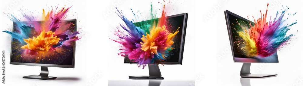 Poster three computer monitors with colorful paint splatter exploding out of the screens.
