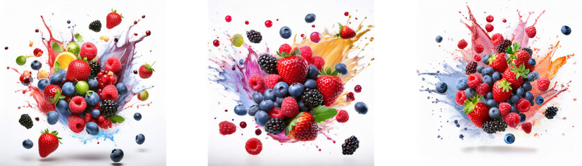 A colorful mixture of various berries are splattered on a white background creating an abstract design.