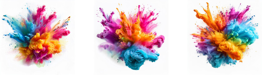 Three colorful powder explosions on a white background.
