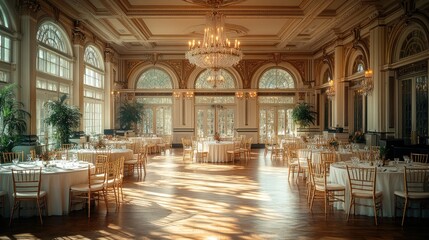 Fototapeta premium An elegant ballroom with large windows, a chandelier, and tables set for a formal event.