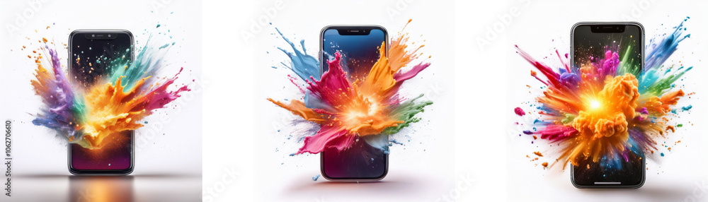 Poster Three identical smartphones are displayed on a white background, each with a colorful explosion emerging from the screen.