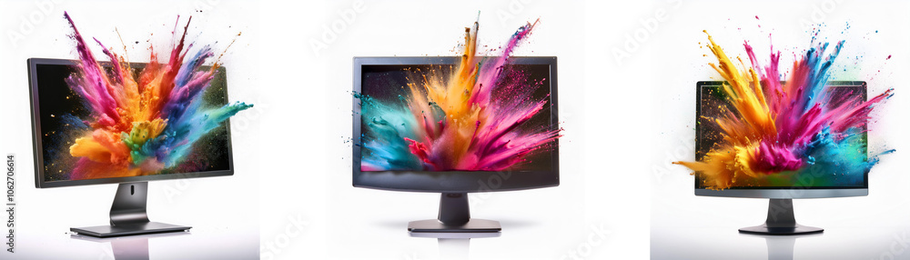 Poster three computer monitors displaying vivid colorful explosions bursting from the screen.