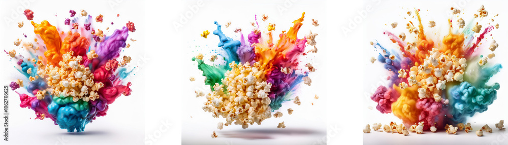 Poster three bursts of brightly colored paint, with a cluster of white objects in the center.