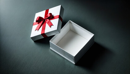 Elegant Open Gift Box with Red Ribbon on grey Background, Copy space in the box, Generative Ai