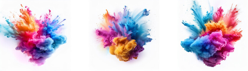 Fototapeta premium Three colorful smoke explosions on a white background.