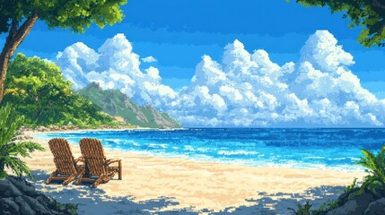 Fototapeta premium 2d pixel art of beach with blue sky, game art, 16 bits, 32 bits