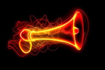 A visually striking 3D graphic of a neon megaphone outlined in red and yellow with sound waves, set against a black backdrop.