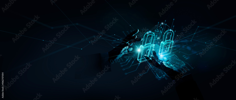 Poster Cyber security, Protection with double locking system, Fingerprint use Login verified identity credentials on network of data protection technology on digital padlock, Ai, Protect of cyber attack