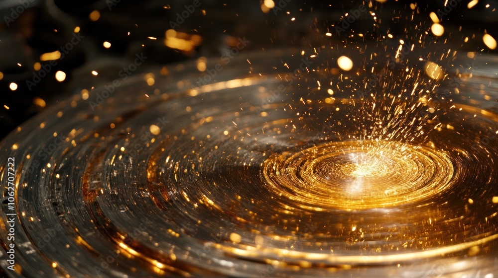 Wall mural a close-up shot of golden sparks flying from a surface creating concentric circles and a glowing cen