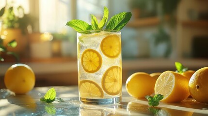 Fototapeta premium A refreshing scene of citrus, mint leaves and a cocktail with slices of oranges.