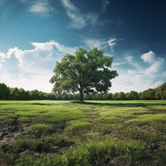 Obraz premium Big tree under blue sky and white clouds